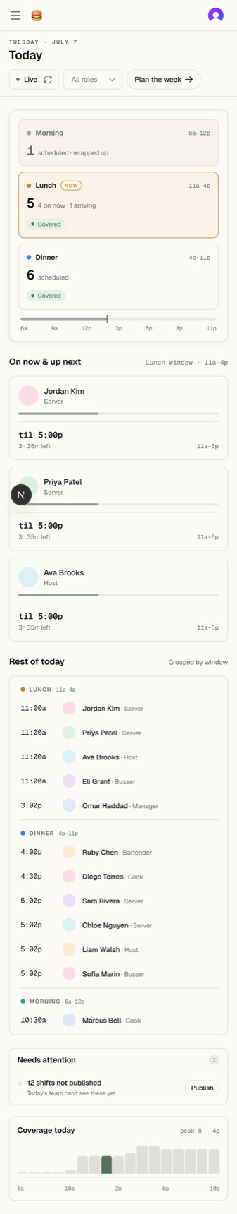 Thyme on a phone — the live Today view showing who's on now and who's up next.